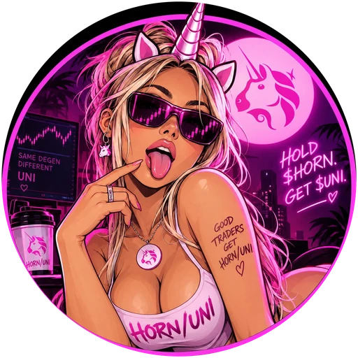 The HORN/UNI badge: a woman with a unicorn horn and candlestick-chart sunglasses, ringed in neon pink.